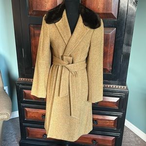 Trina Turk wool tie front coat with faux fur neck trim